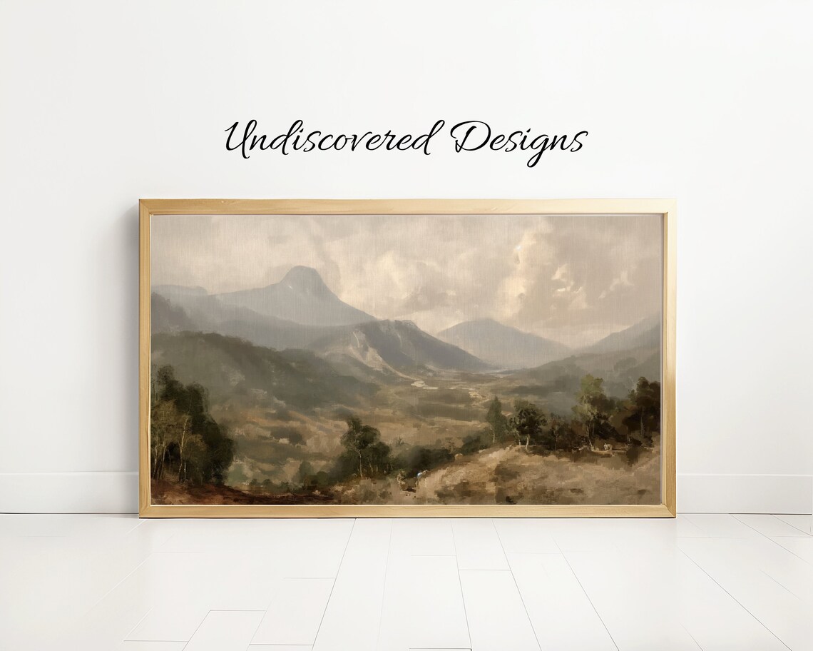 Moody Mountain Valley Vintage Oil Painting Soft Neutral Tones Poster