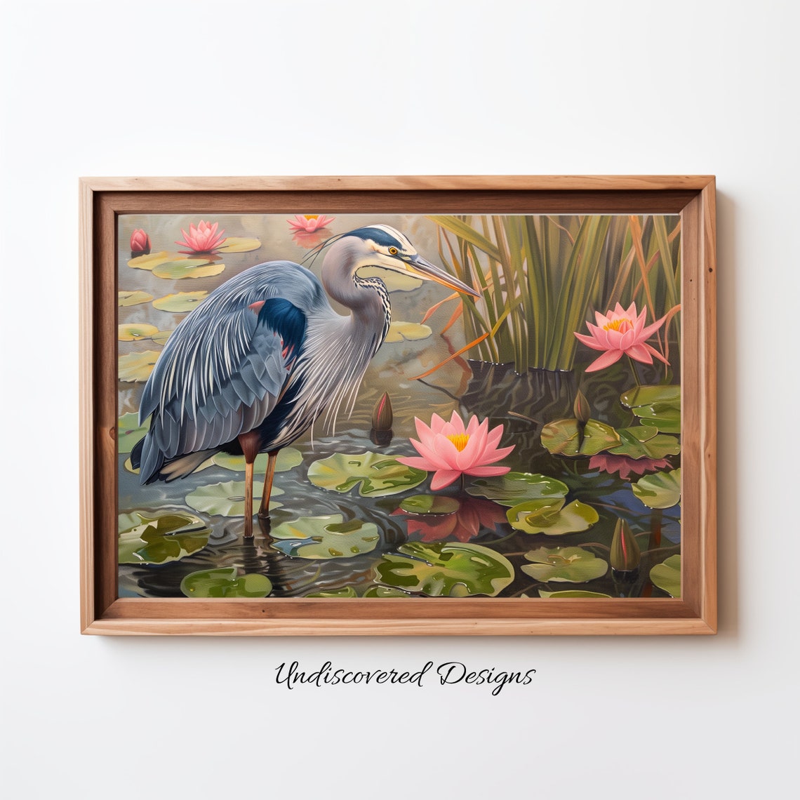 Blue Heron Wading Among Pink Waterlilies Pond Wildlife Art Poster