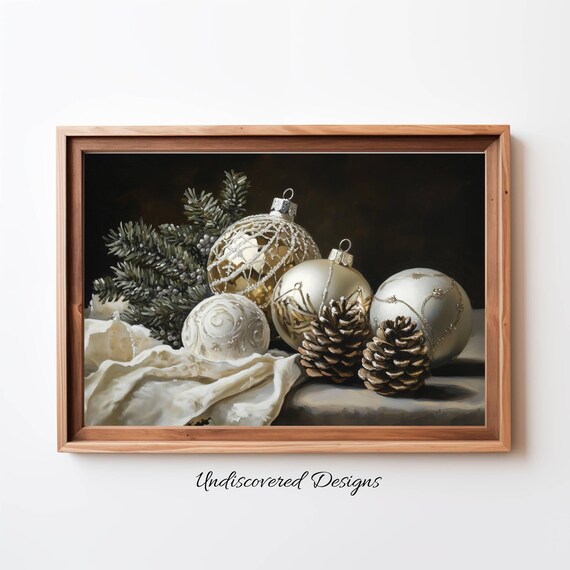 Gilded Christmas Ornaments and Pinecones Moody Still Life Poster