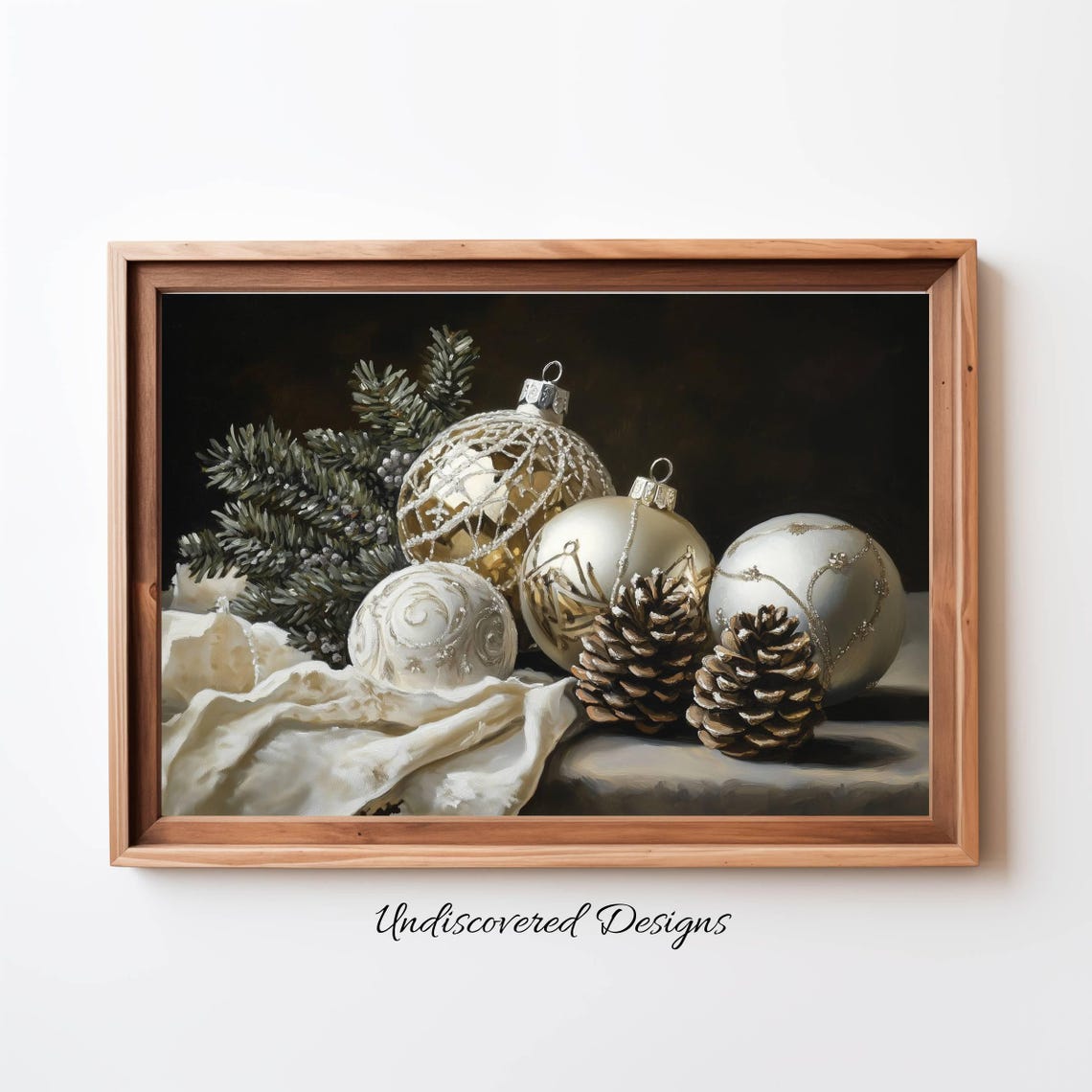 Gilded Christmas Ornaments and Pinecones Moody Still Life Poster