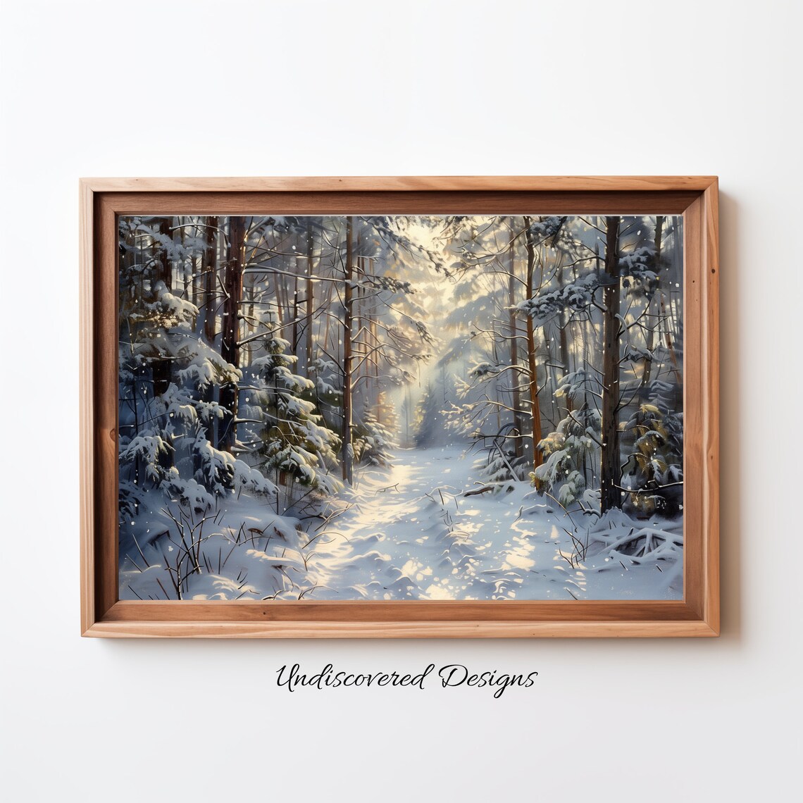Snowy Winter Forest Path Sunlight Vintage Oil Painting Poster