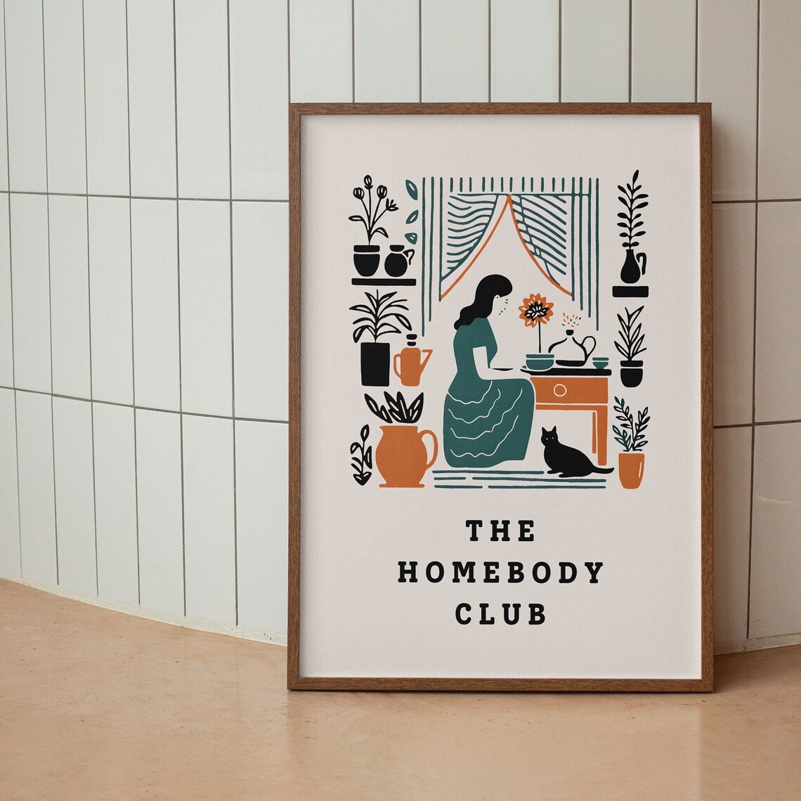 Cozy The Homebody Club Boho Woman Plants Cat Illustration Poster - Image 3