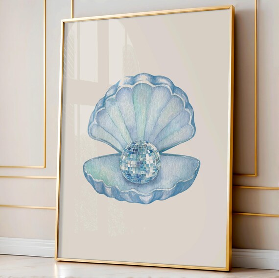 Disco Ball Pearl Clam Shell Watercolor Coastal Beach Trendy Decor Poster