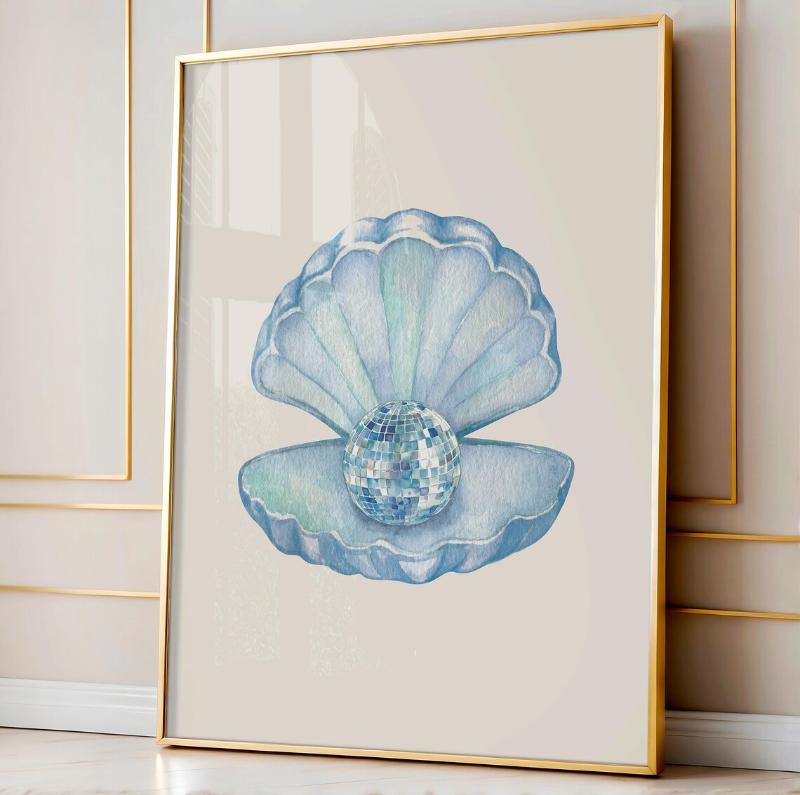 Disco Ball Pearl Clam Shell Watercolor Coastal Beach Trendy Decor Poster