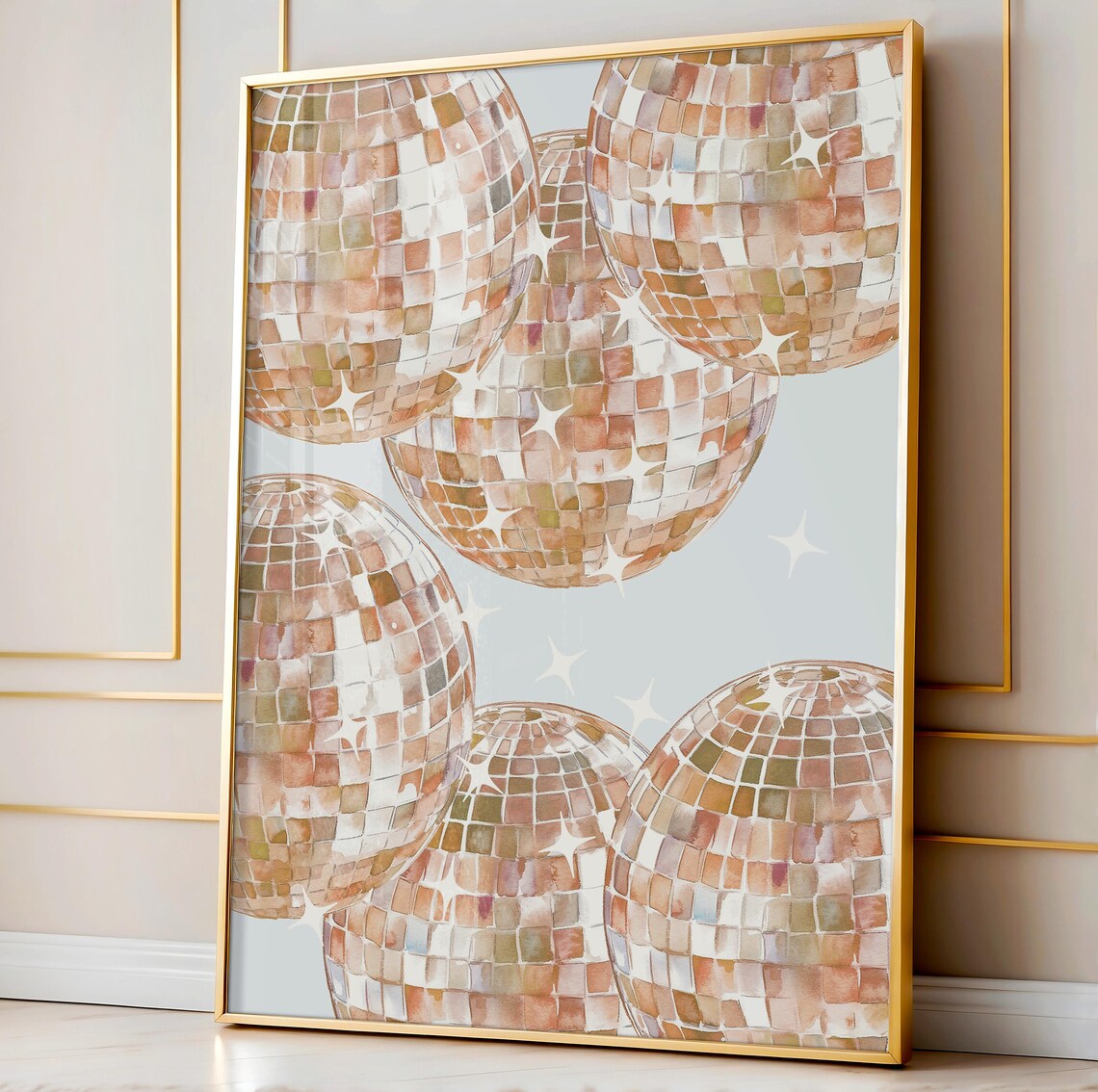 Champagne Gold Watercolor Disco Balls Party Sparkle Wall Art