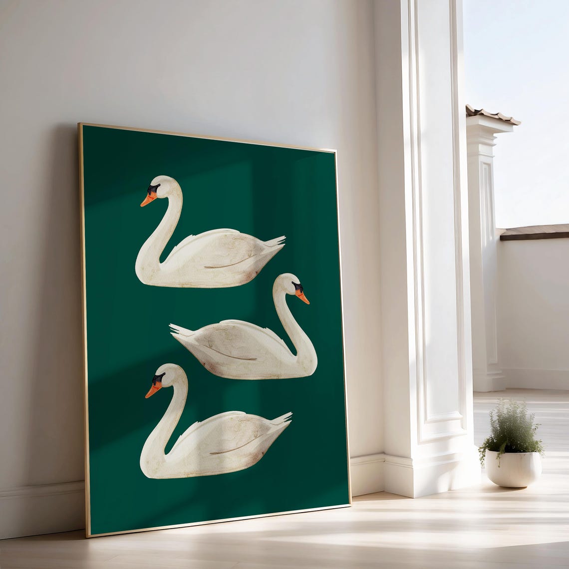 Three White Swans on Emerald Green Watercolor Poster Elegant Art - Image 3