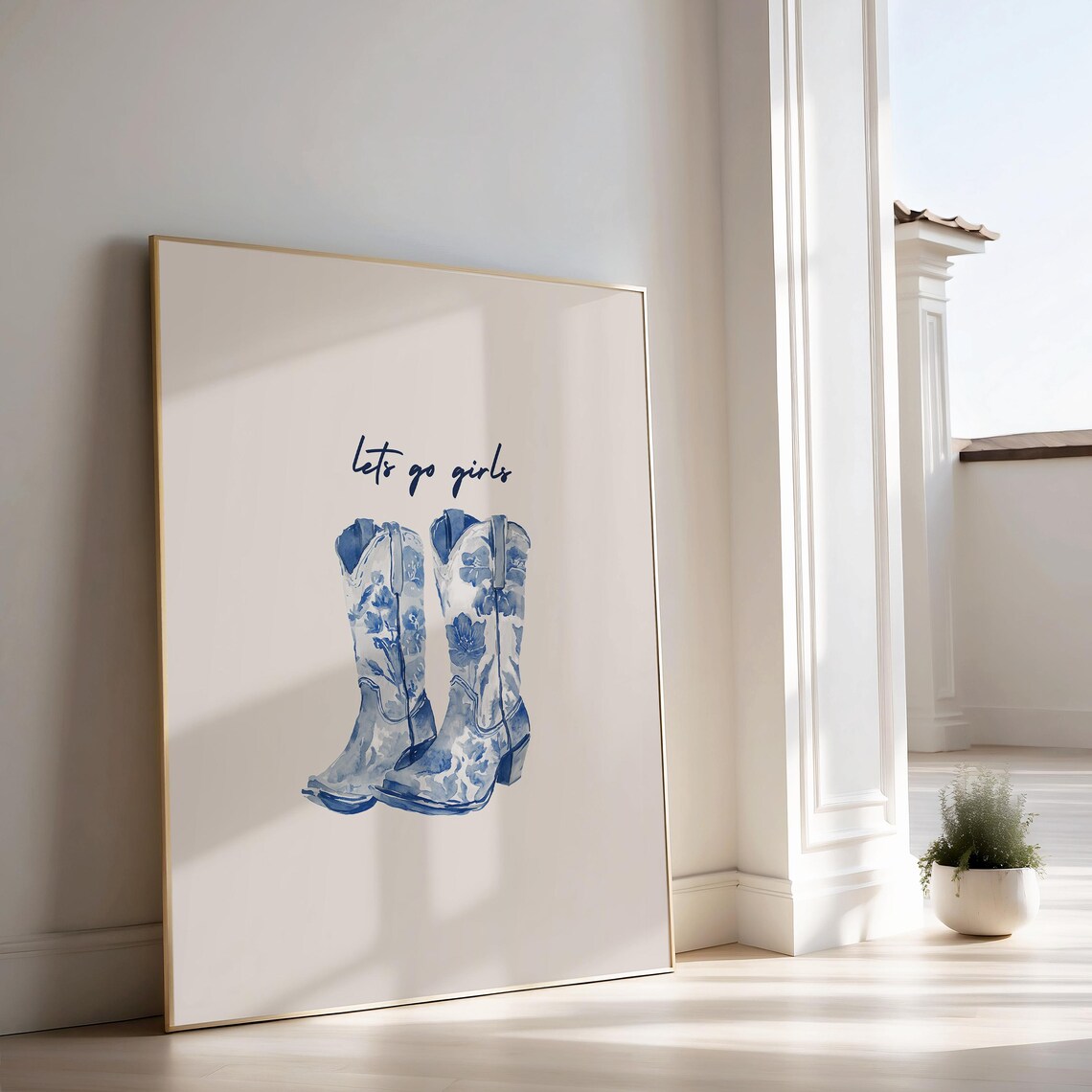 Lets Go Girls Blue Floral Cowboy Boots Chinoiserie Western Decor Poster - Image 2