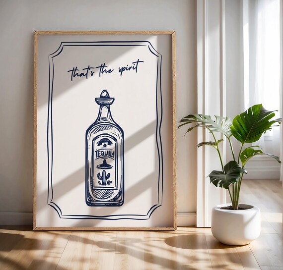 Thats the Spirit Tequila Bottle Navy Line Art Bar Cart Print