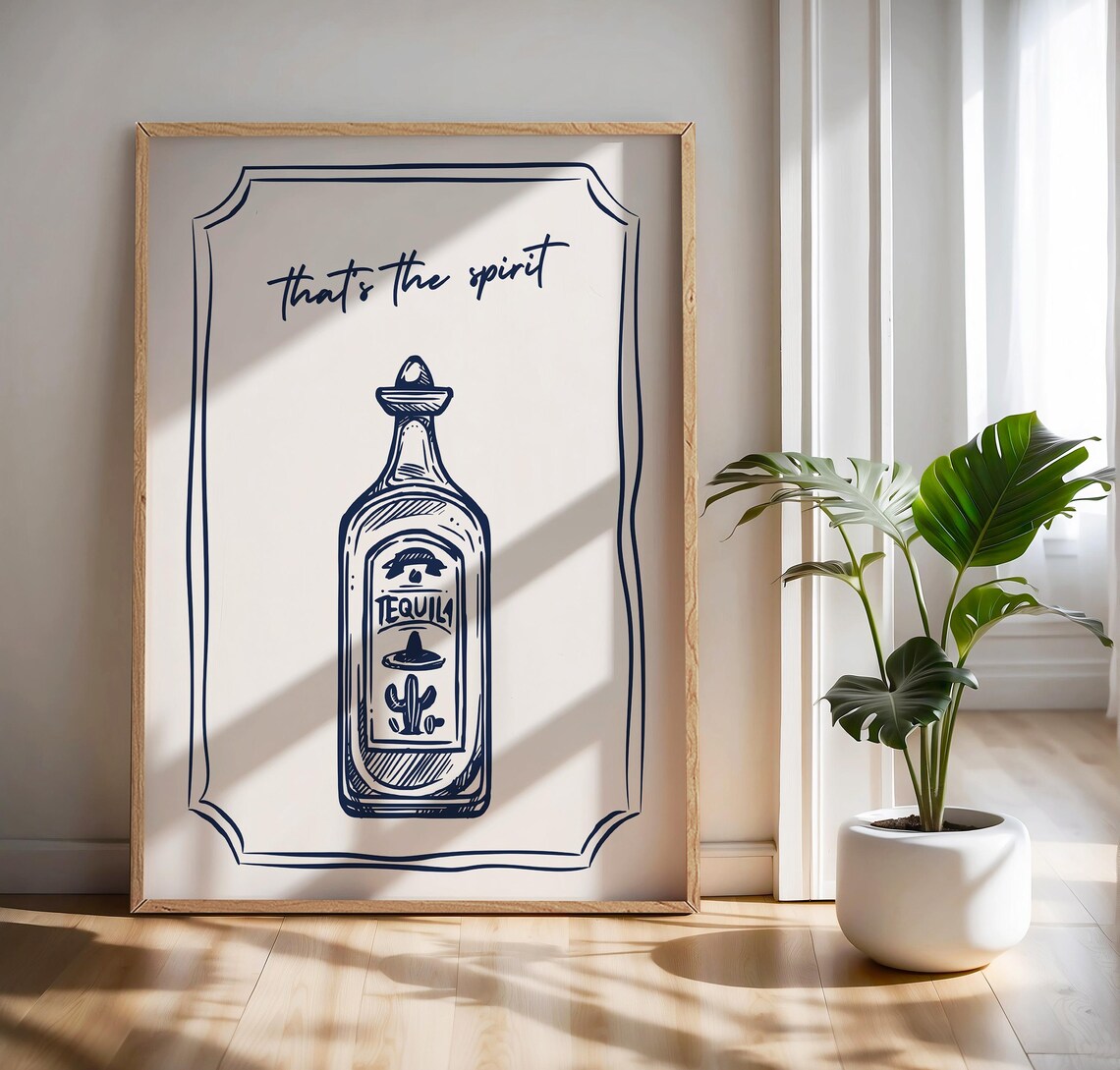 Thats the Spirit Tequila Bottle Navy Line Art Bar Cart Print