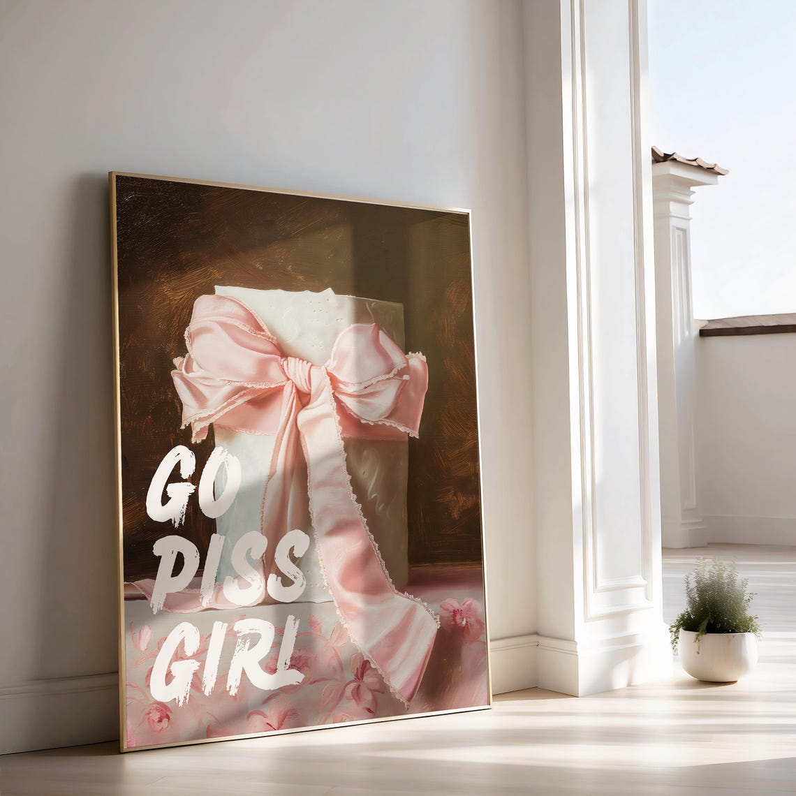 Go Piss Girl Pink Satin Bow Coquette Oil Painting Trendy Wall Decor Poster - Image 2
