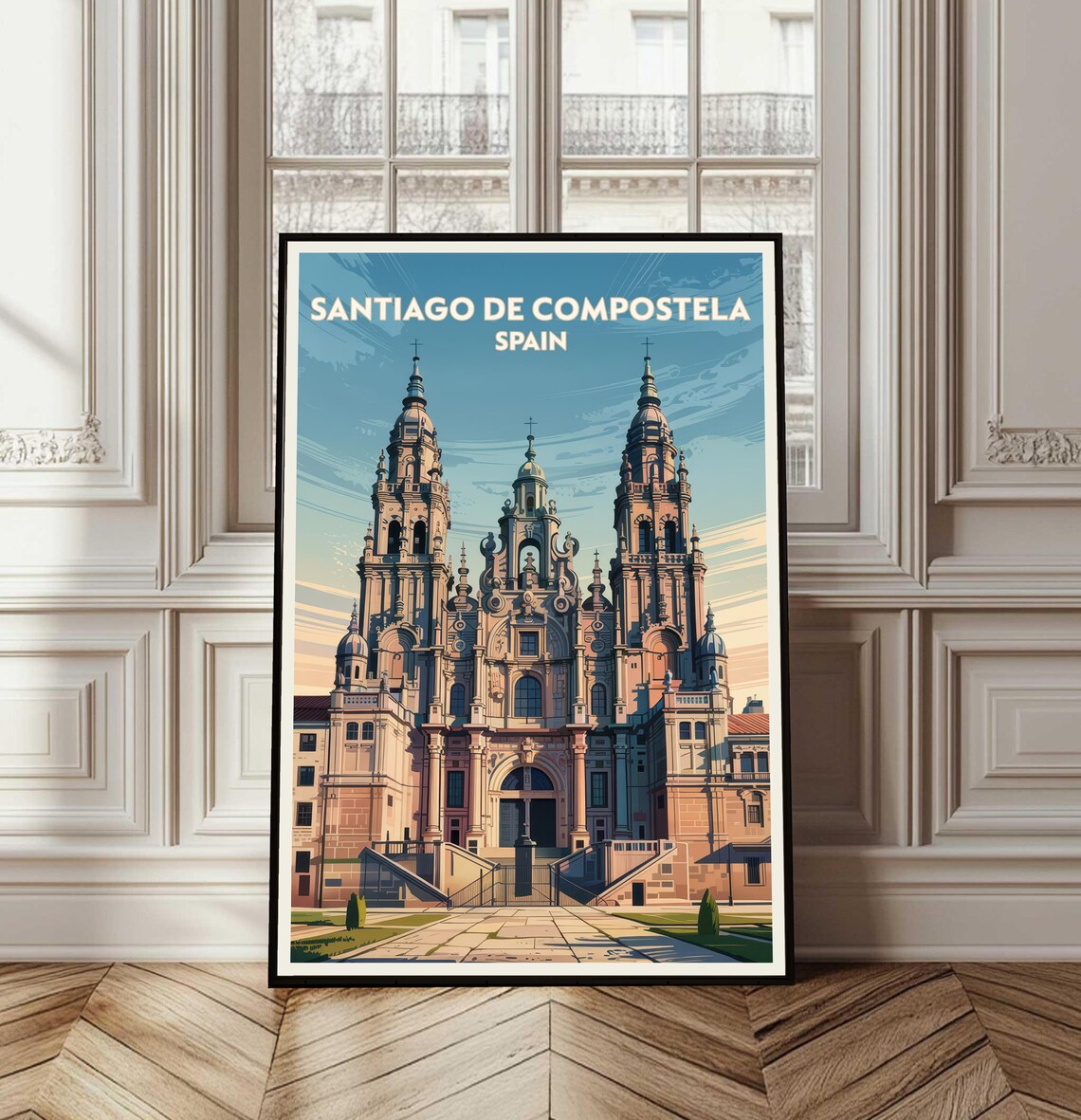 Santiago de Compostela Cathedral Spain Retro Travel Art Poster