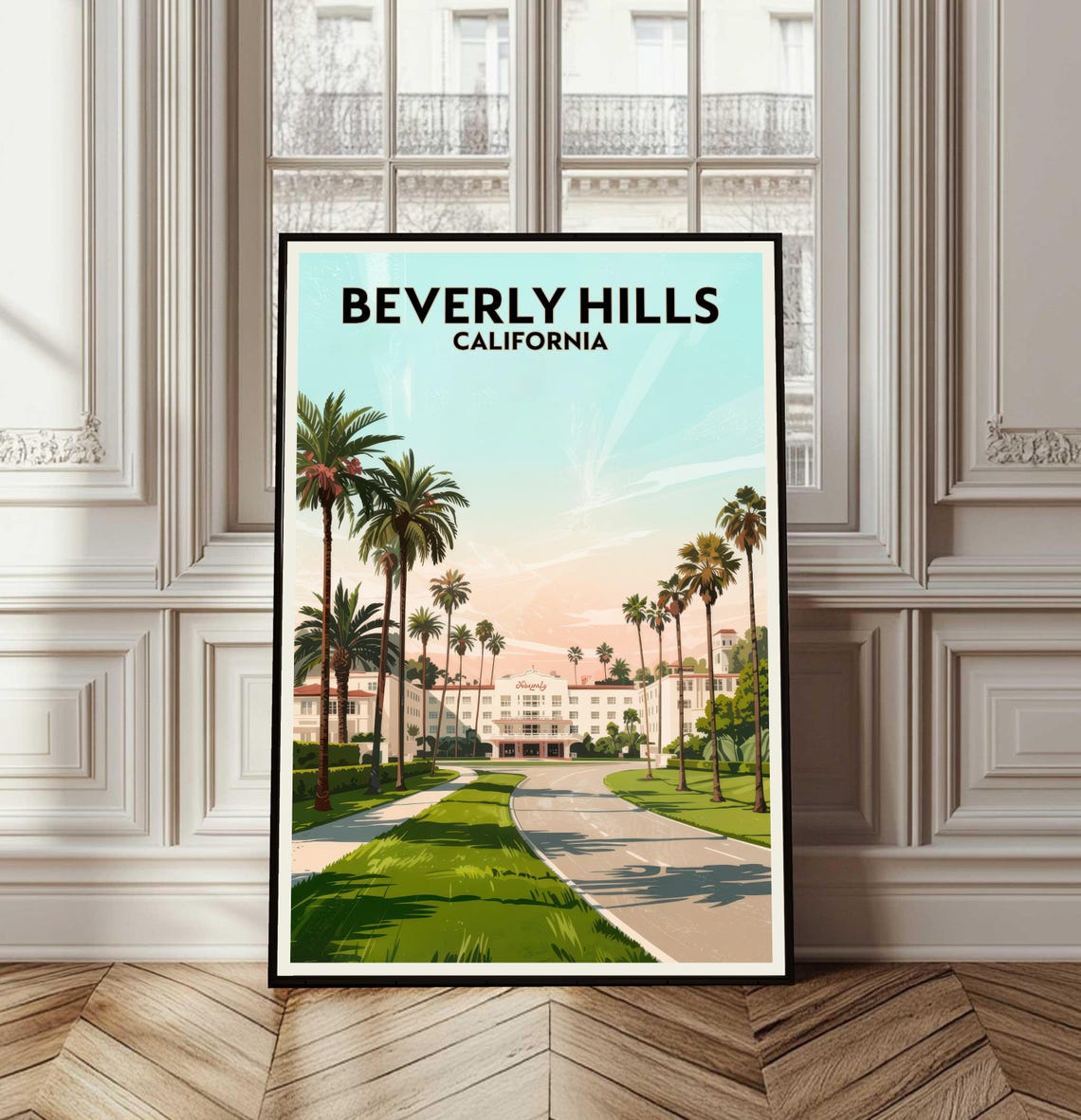 Beverly Hills California Palm Street Hotel Vintage Travel Poster