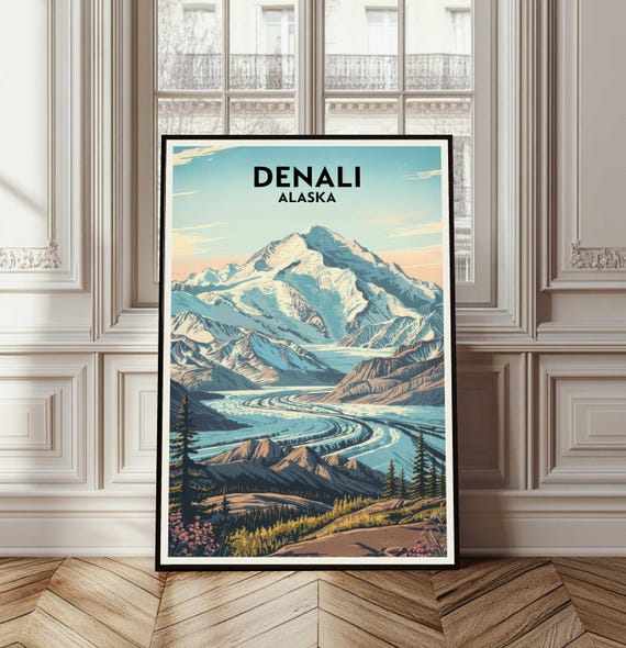 Denali Poster Travel Alaska Wall Art Print Illustration Mountain Nature