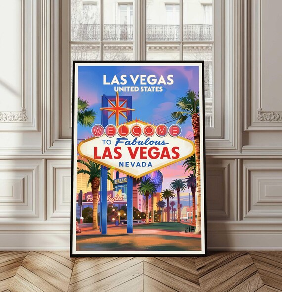 Las Vegas Nevada Welcome Sign Vintage Travel Poster Sunset Palms