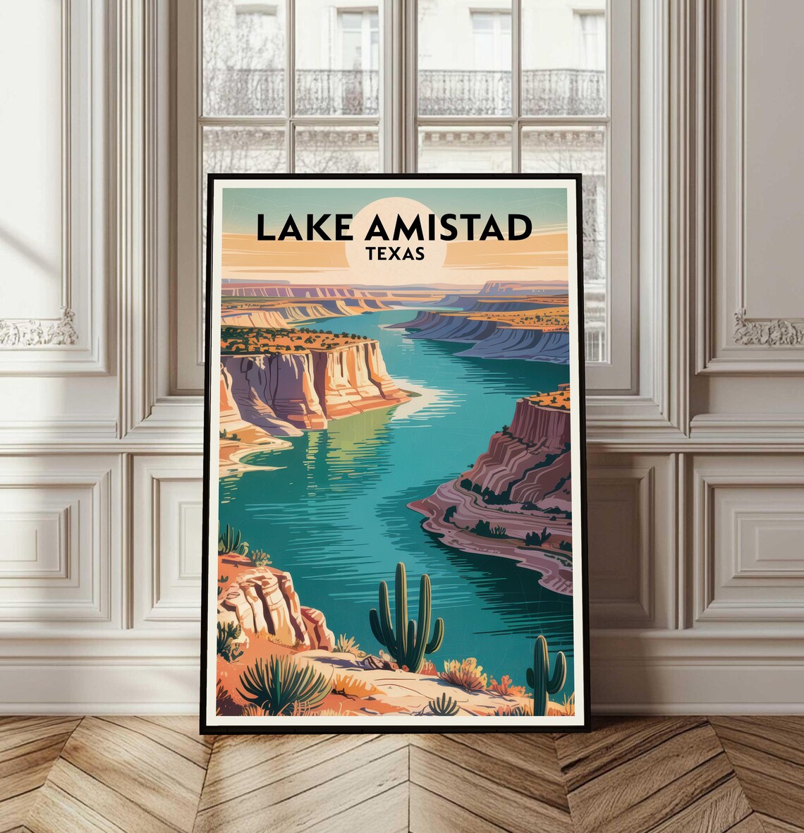 Lake Amistad Texas Retro Travel Poster With Canyon Sunset Style