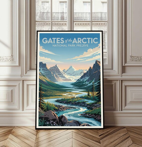 Gates of the Arctic Alaska Mountain River Vintage Travel Poster