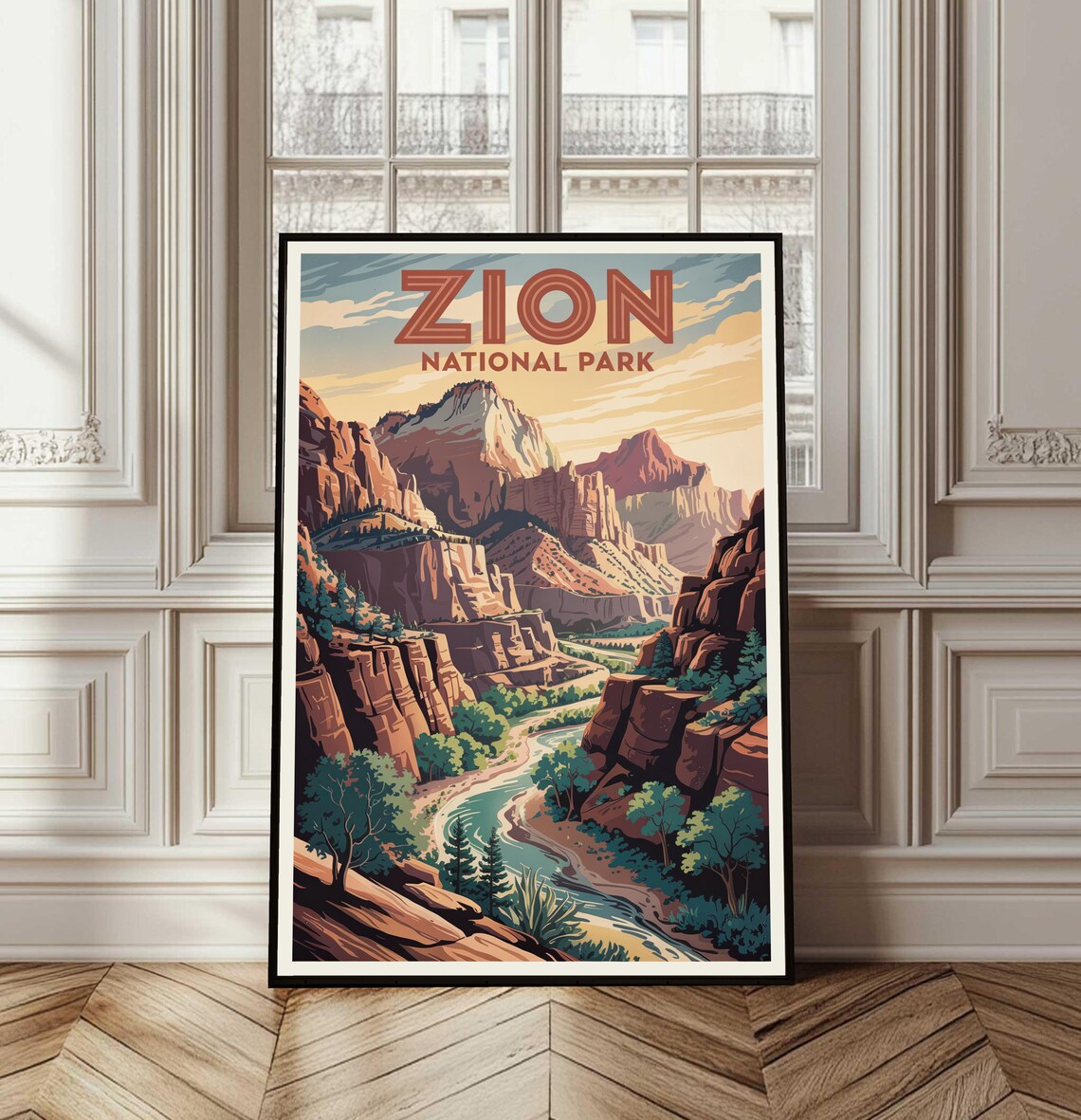 Zion National Park Red Rock Canyon River Vintage Travel Poster