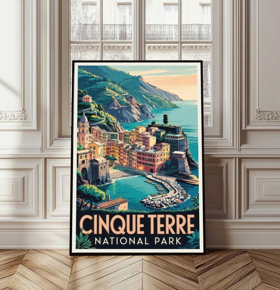 Cinque Terre Italy Coastal Village Vintage Travel Poster Artwork