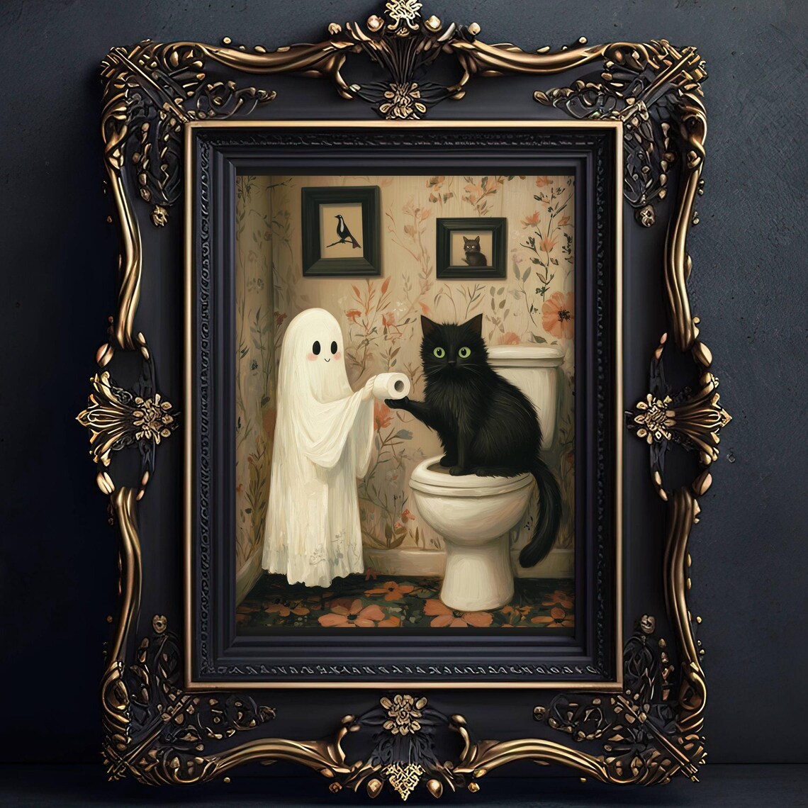 Ghost Handing Toilet Paper to a Black Cat on a Toilet Poster