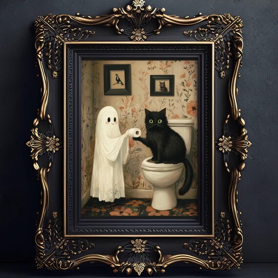 Ghost Handing Toilet Paper to a Black Cat on a Toilet Poster