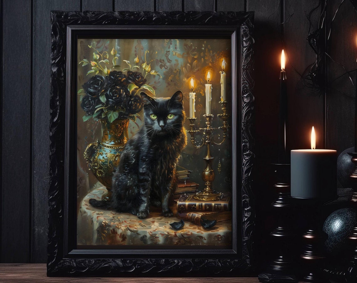 Black Cat With Black Roses Candles And Old Books Gothic Poster