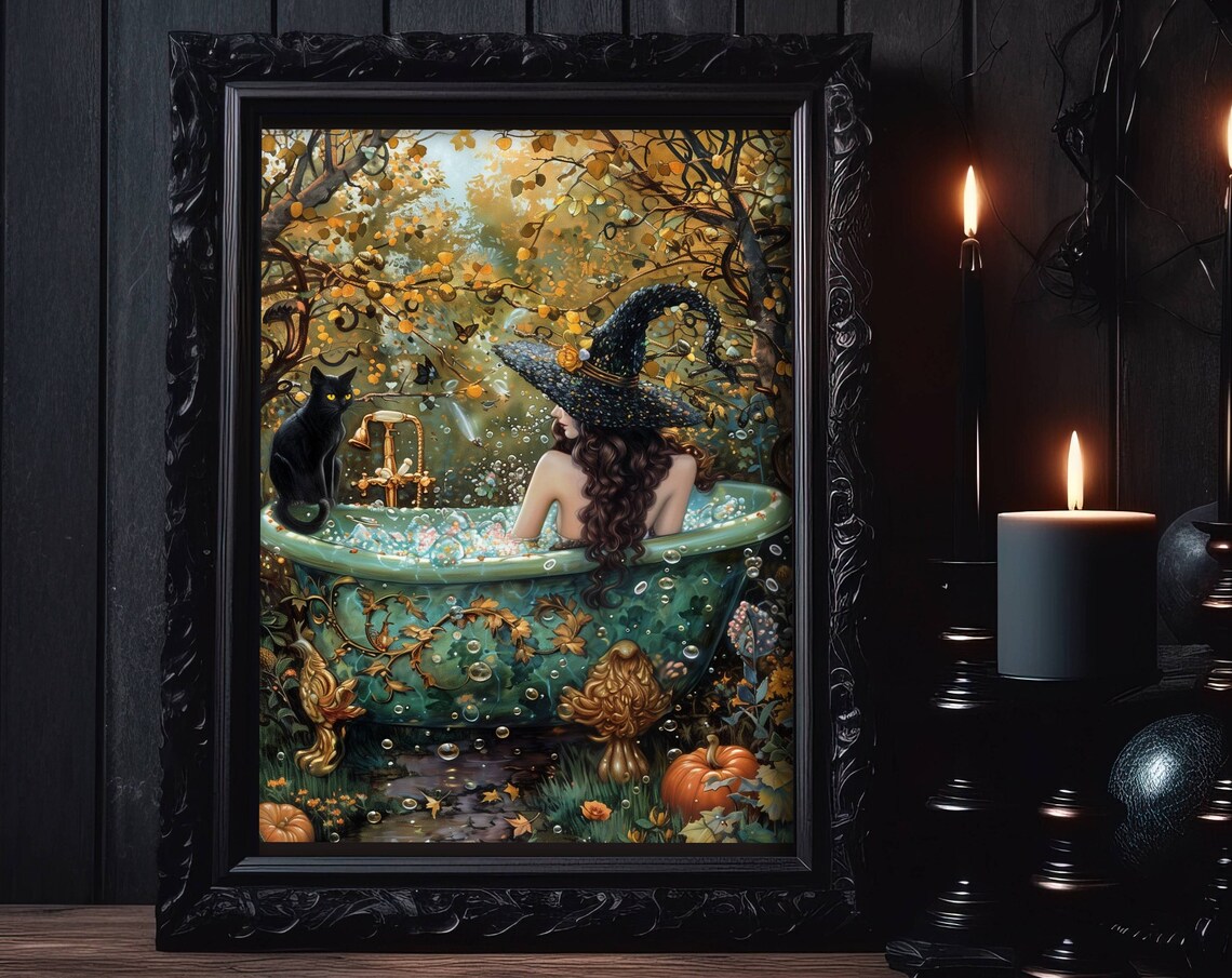 Witch In Garden Bathtub Halloween Art Print