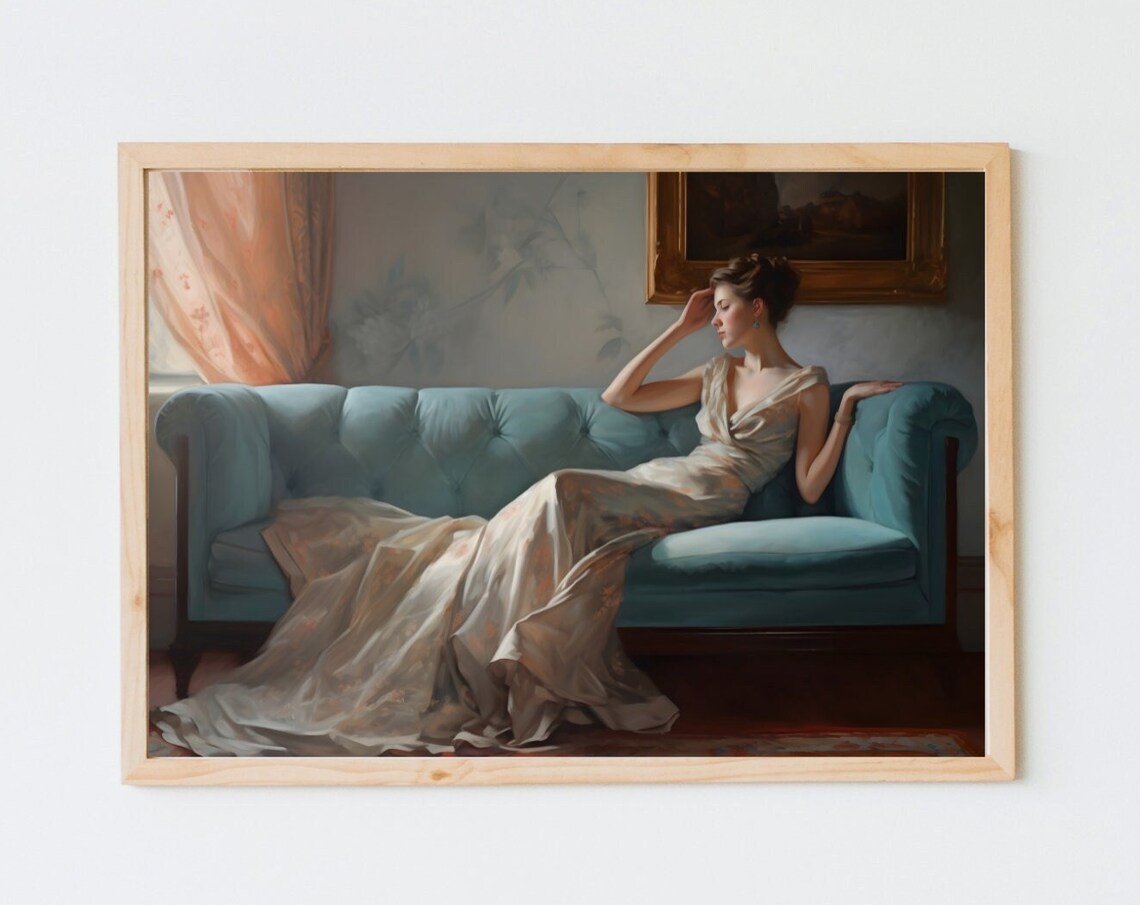 Elegant Woman Reclining on Blue Sofa Classical Oil Painting Poster