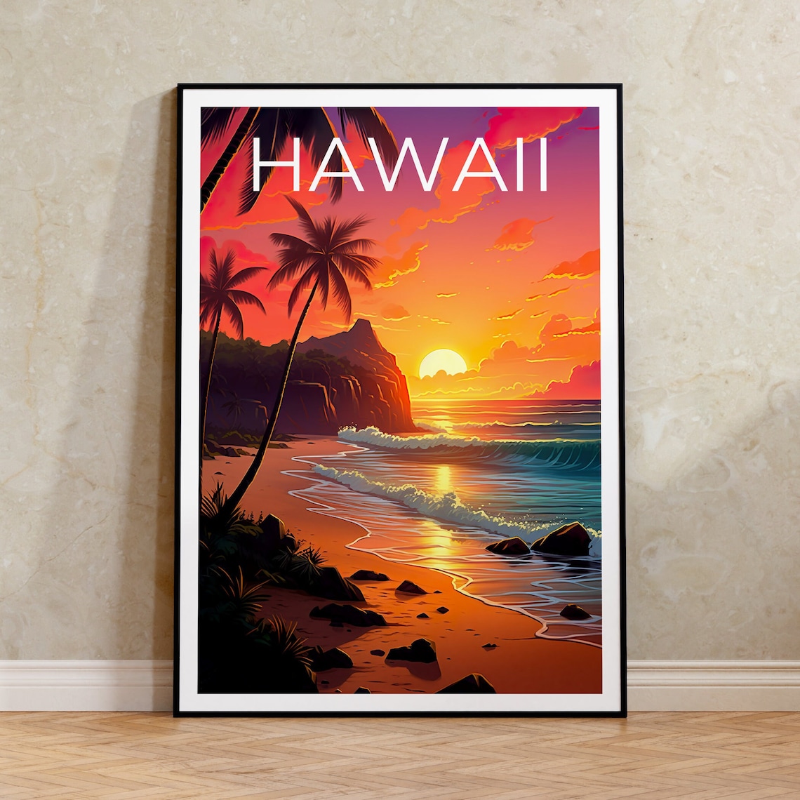 Hawaii Golden Beach Sunset Palm Trees Rocky Shoreline Travel Poster