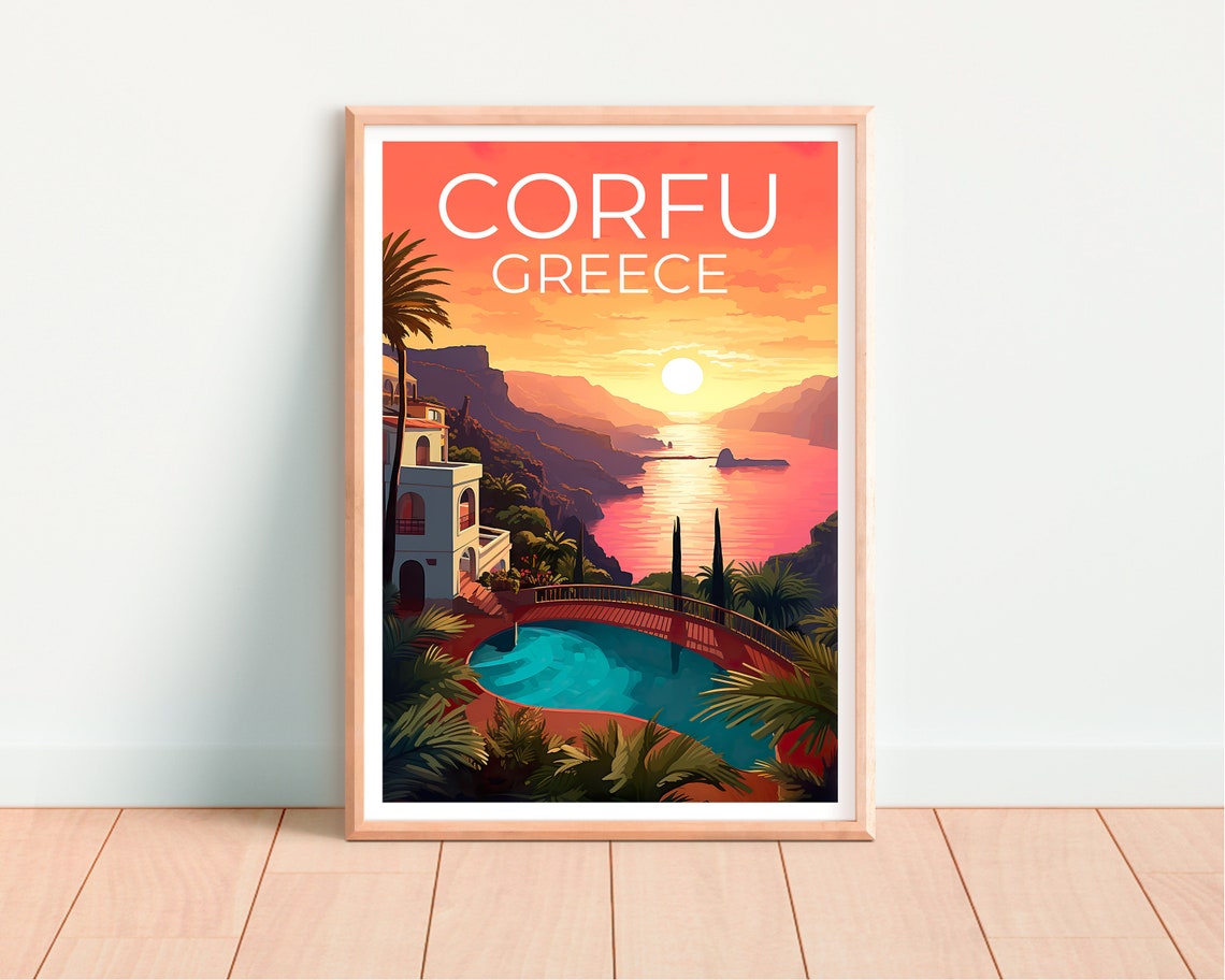 Corfu Greece Villa Pool Terrace Sunset Ionian Sea View Travel Poster - Image 4