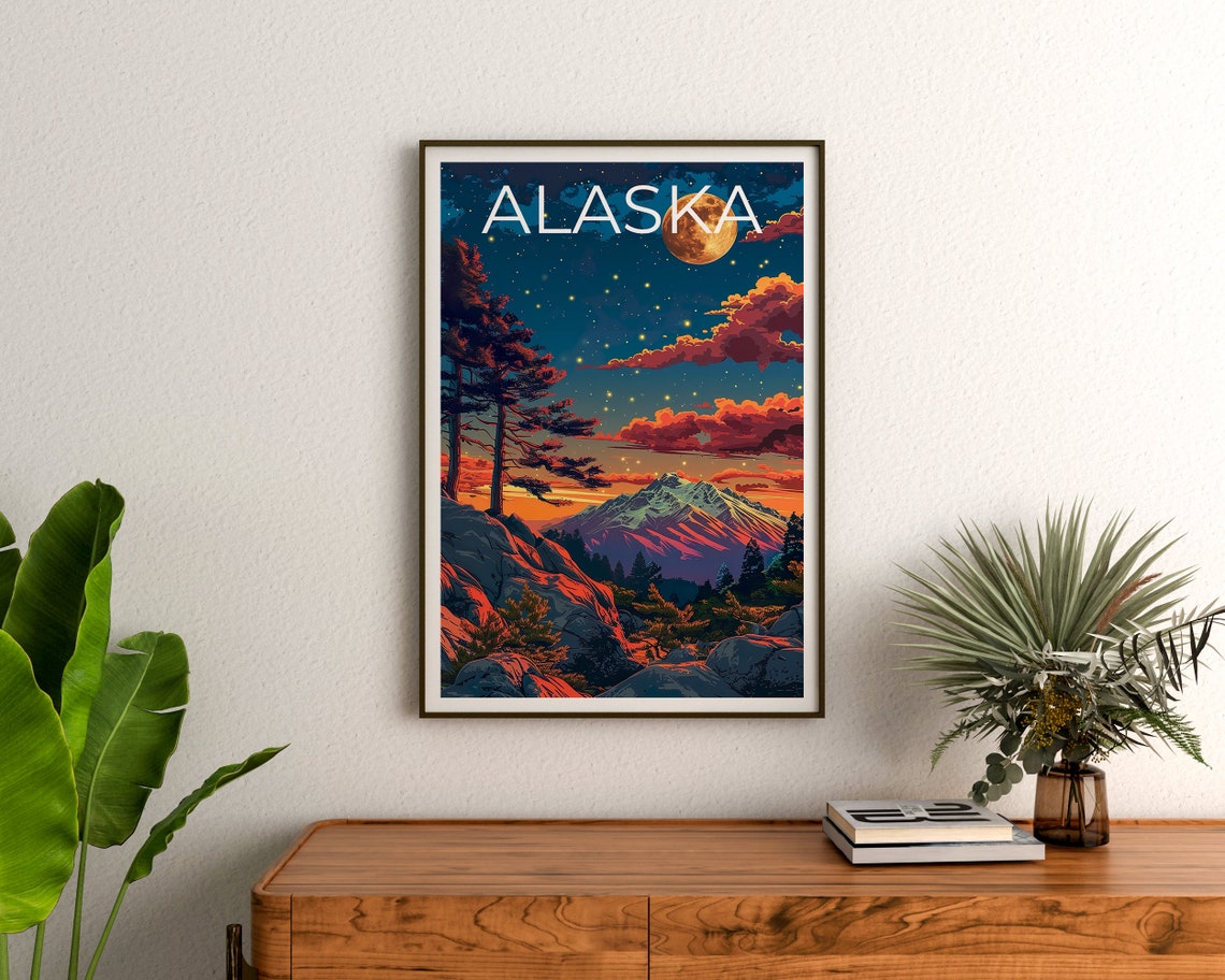 Alaska Full Moon Mountain Wilderness Night Lights Travel Poster - Image 3
