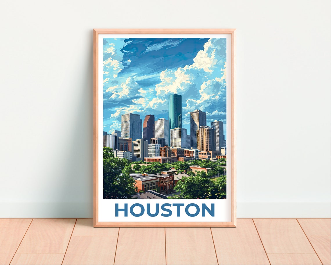 Houston Texas Downtown Skyline Daytime Clouds Urban View Travel Poster - Image 4