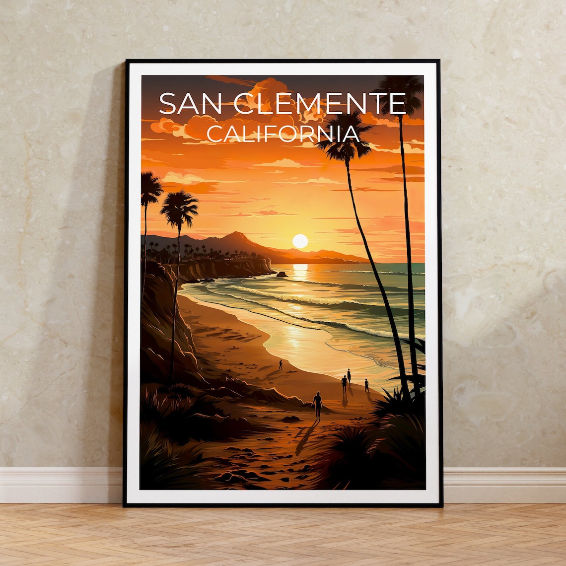 San Clemente California Beach Sunset Palms Ocean Walkers Travel Poster
