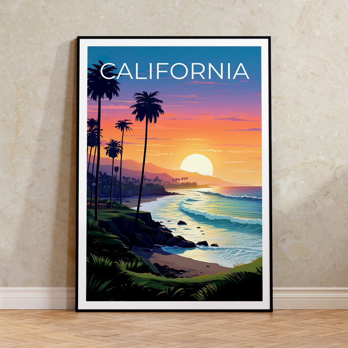 California Coast Beach Sunset Palm Trees Cliffs Ocean Waves Poster