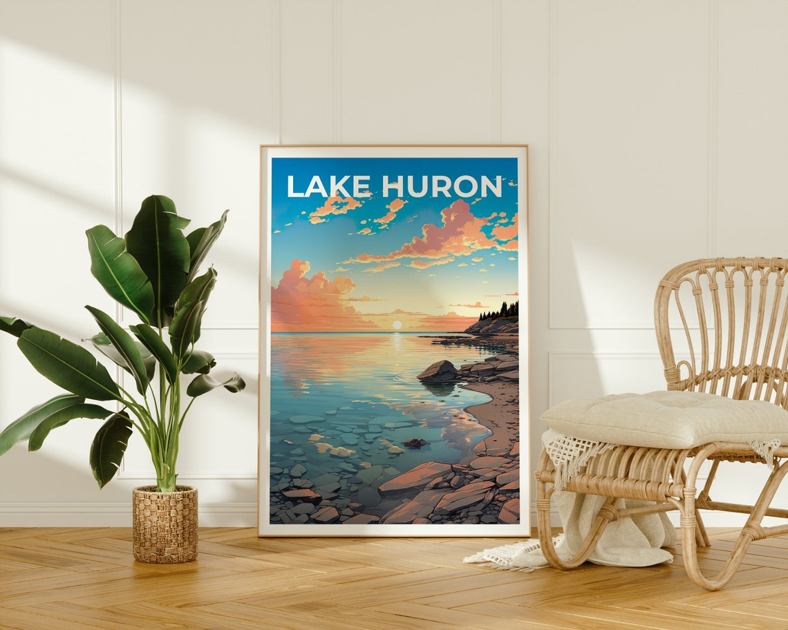 Lake Huron Great Lakes Rocky Shore Sunset Reflection Travel Poster - Image 2