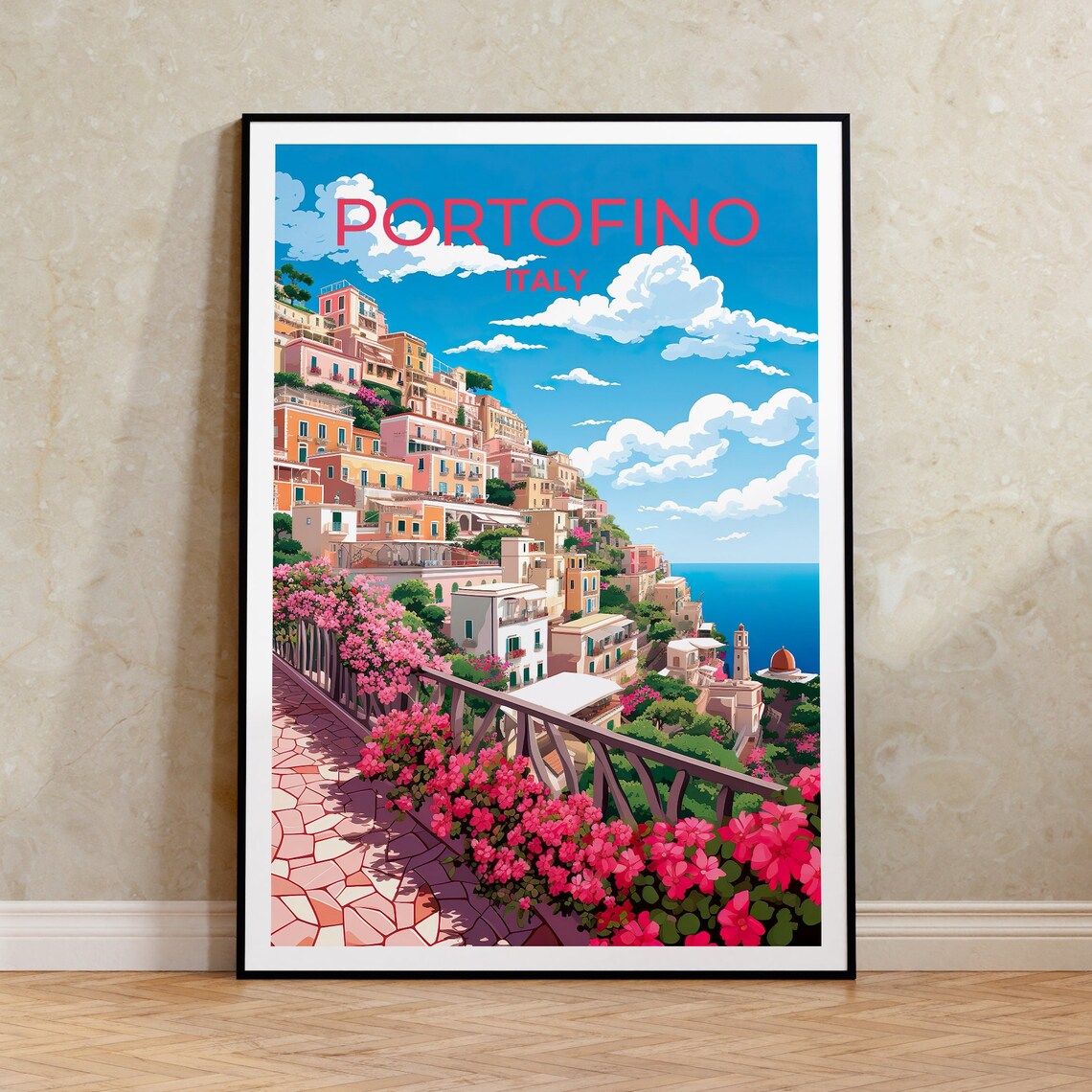 Portofino Italy Colorful Cliffside Village Flowers Travel Poster