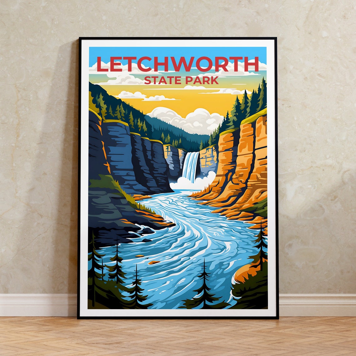Letchworth State Park Waterfall Gorge Rushing River View Travel Poster