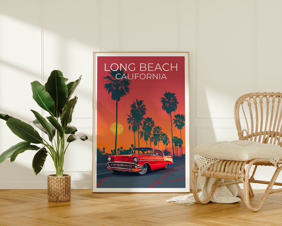 Long Beach California Classic Car Sunset Palm Trees Retro Poster - Image 2