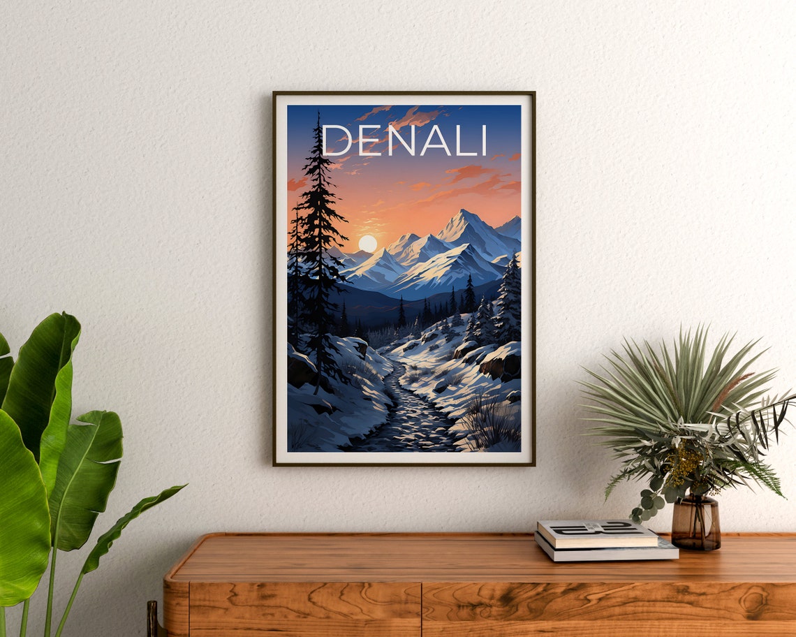 Denali Alaska Snowy Mountain Pass Winter Sunset Travel Poster - Image 3
