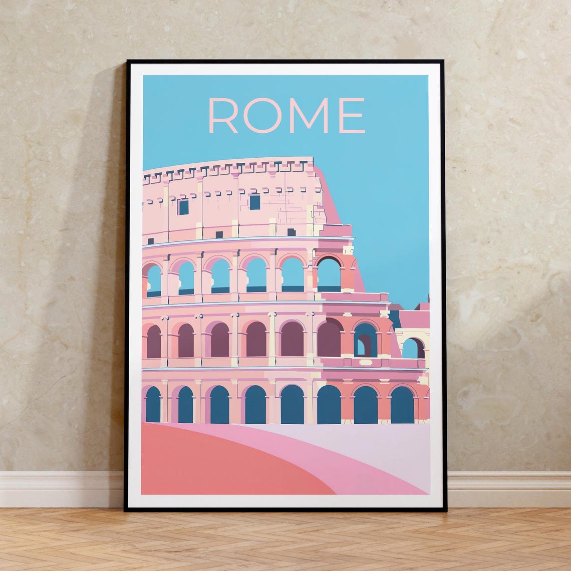 Rome Colosseum Soft Pink Minimalist Architectural Illustration Poster