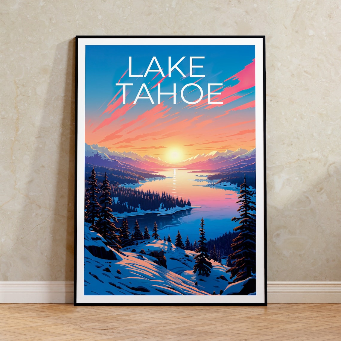 Lake Tahoe Sunset Winter Snowy Lakeshore Evergreen View Travel Poster