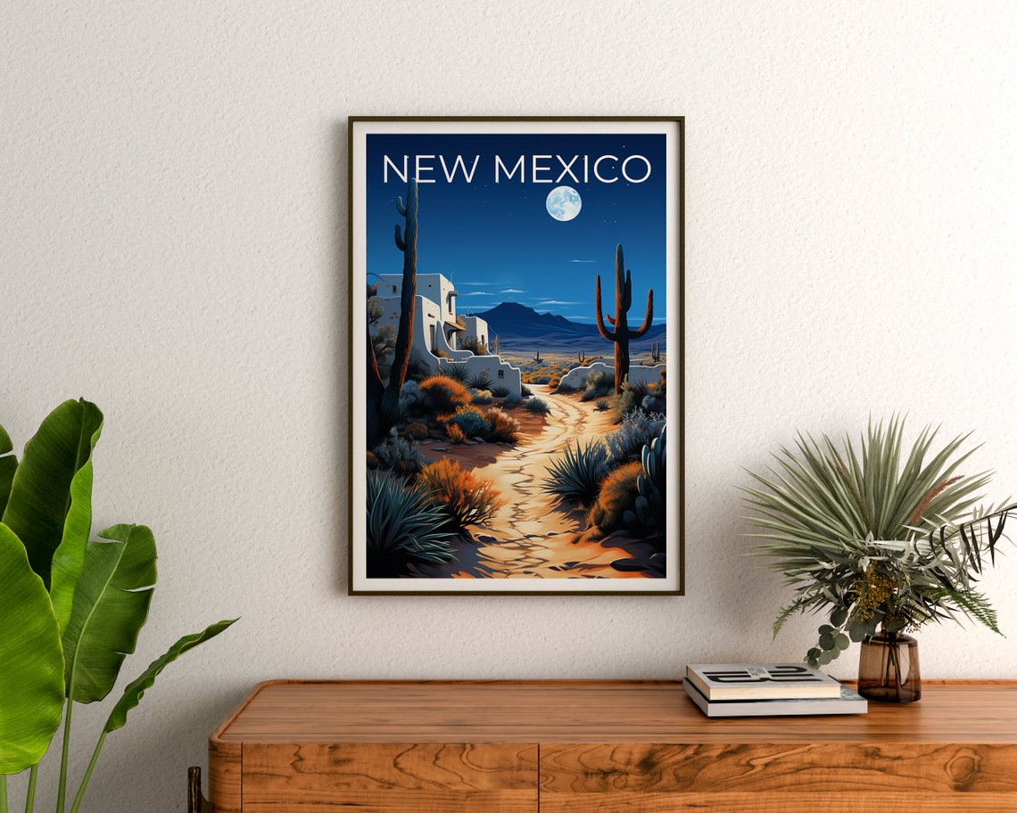 New Mexico Desert Night Adobe Buildings Saguaro Cacti Travel Poster - Image 3