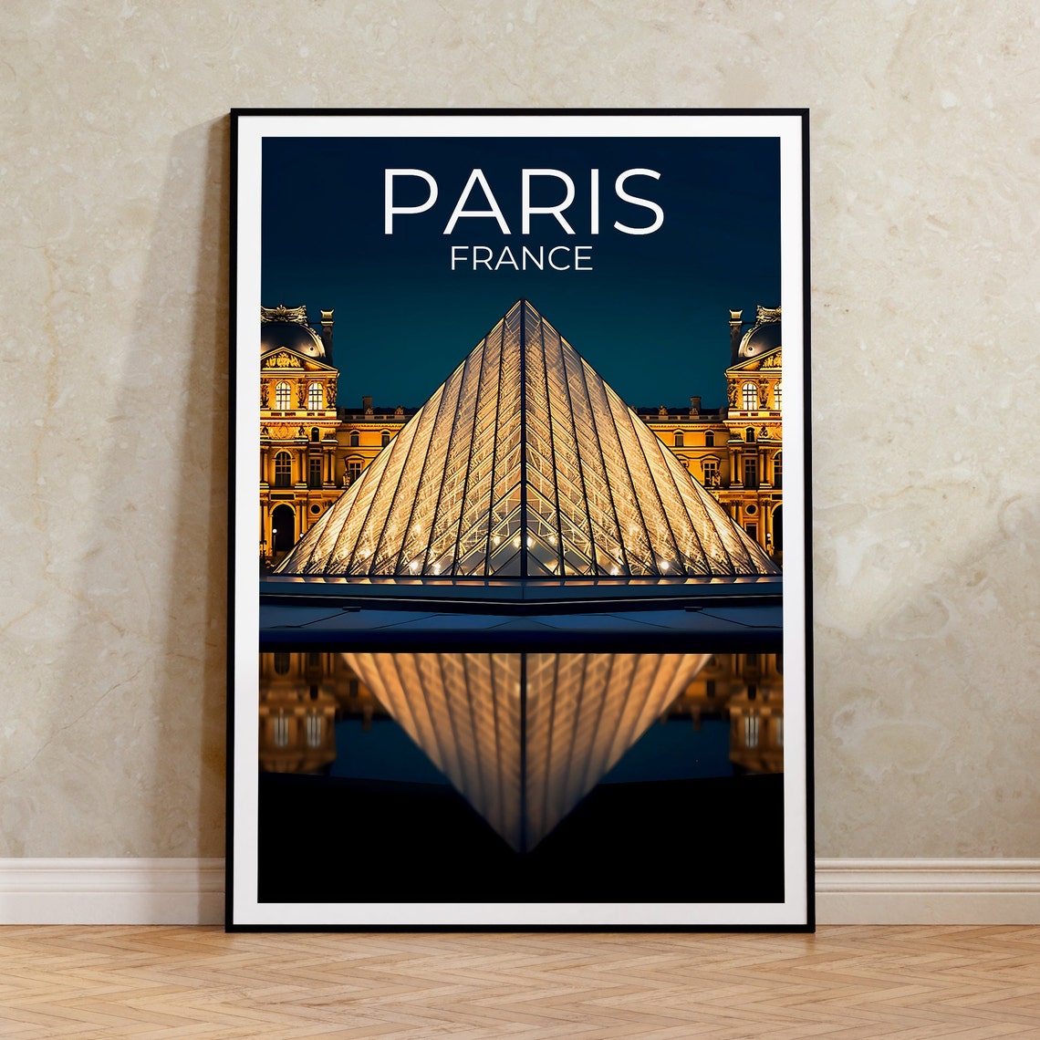 Paris France Louvre Pyramid Night Lights Reflection Travel Poster