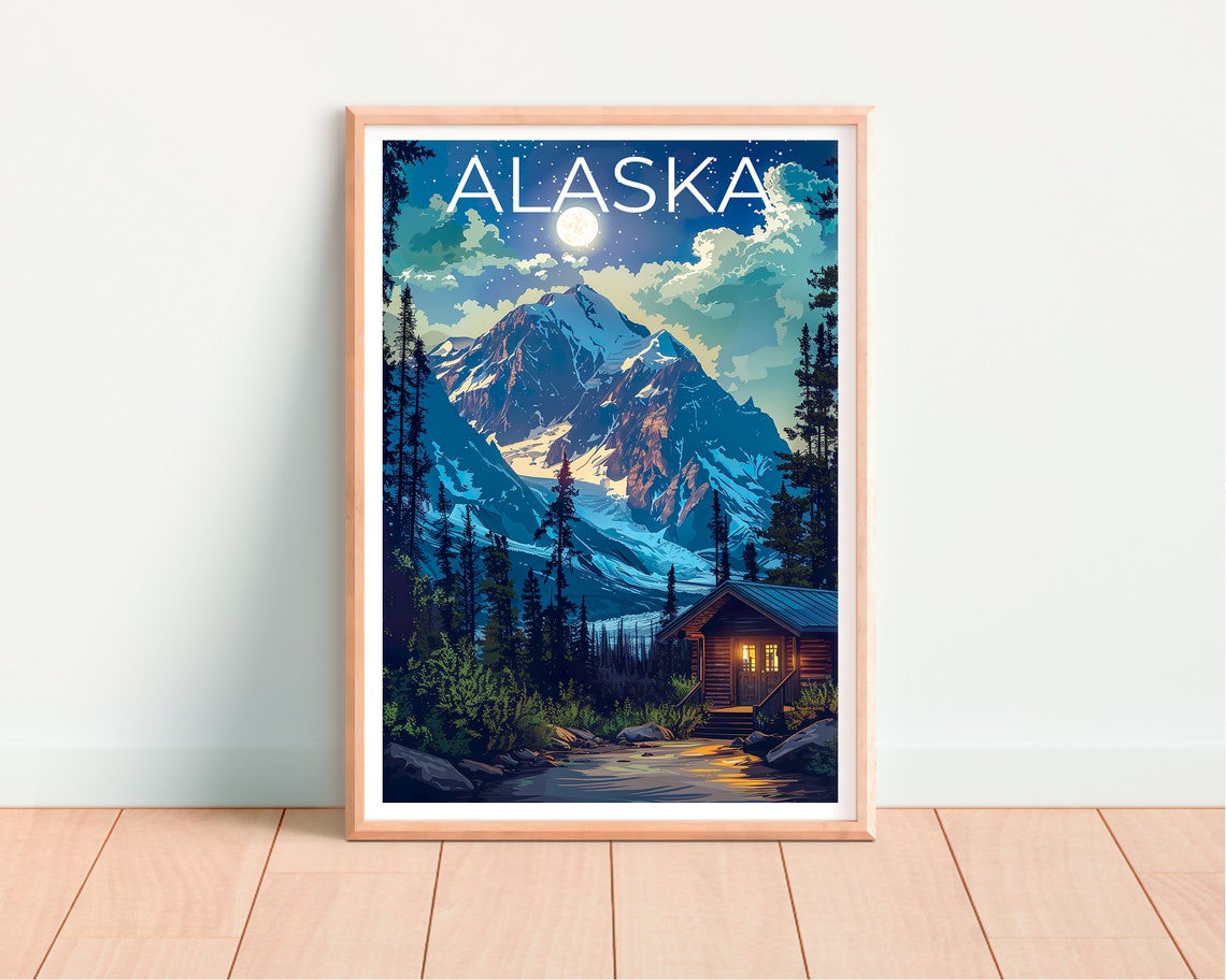 Alaska Log Cabin Moonlit Mountain Lake Cozy Wilderness Night Poster - Image 4