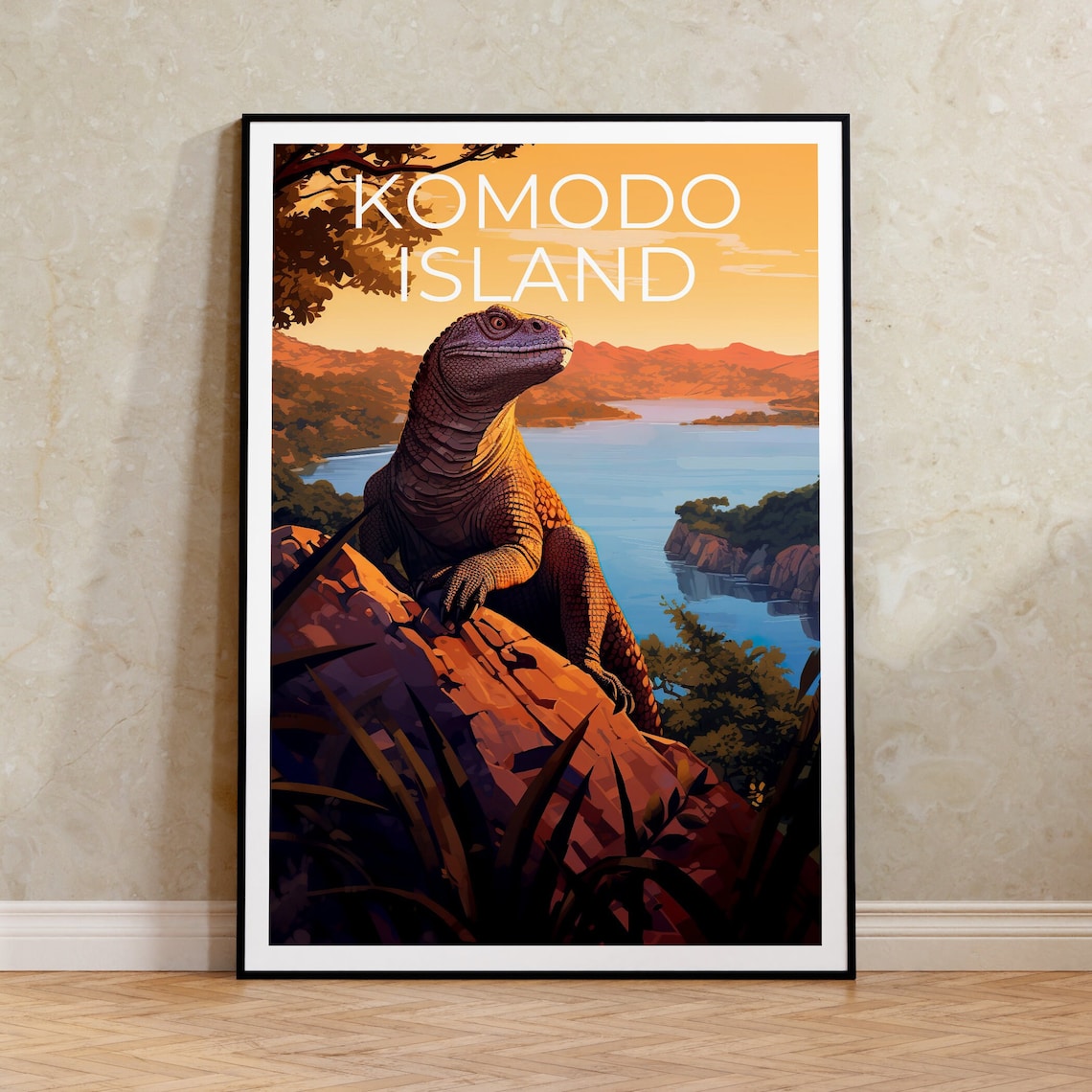 Komodo Island Indonesia Dragon Rocky Overlook Bay Sunset Travel Poster
