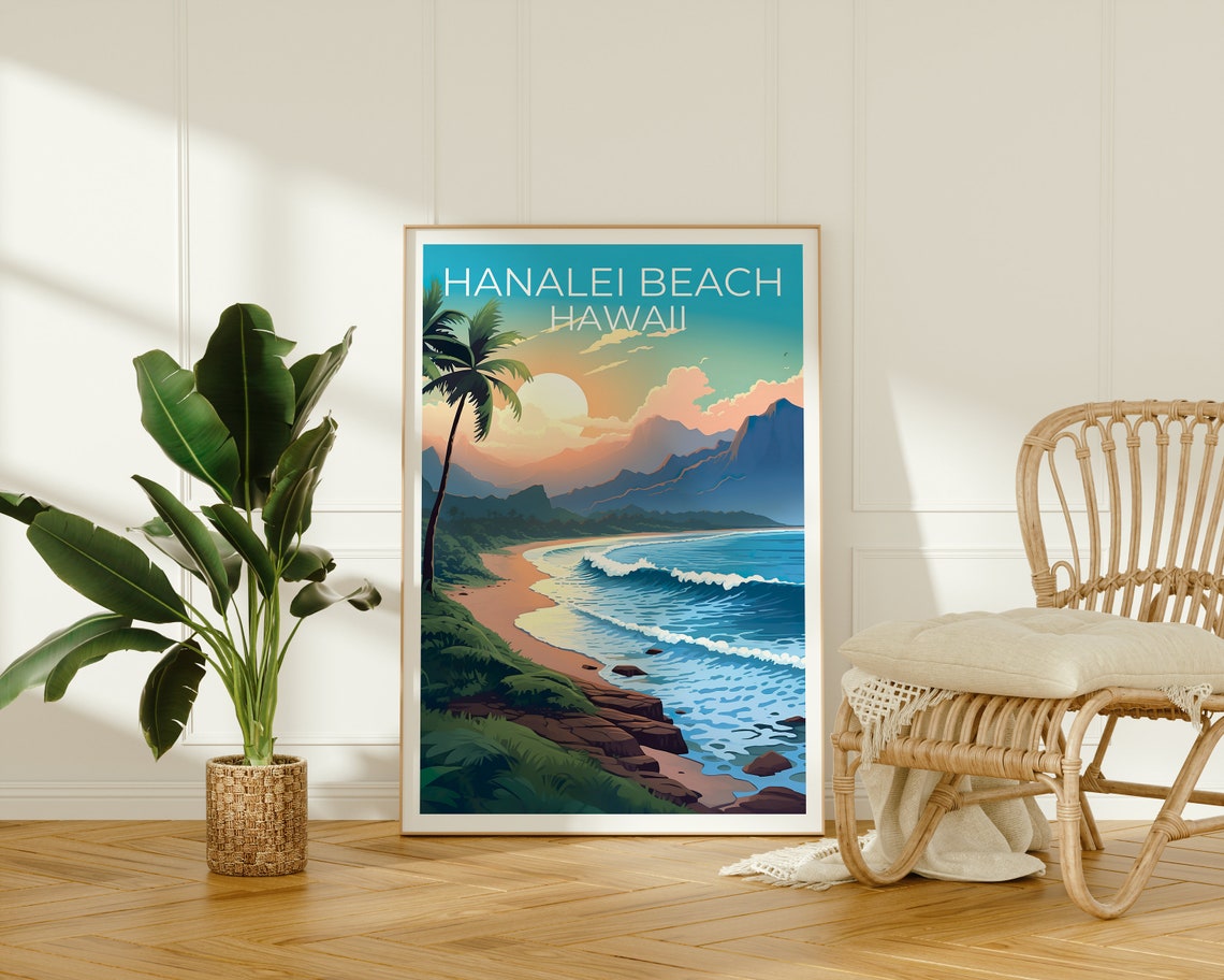 Hanalei Beach Hawaii Sunset Waves Palm Tree Mountain Bay Travel Poster - Image 2