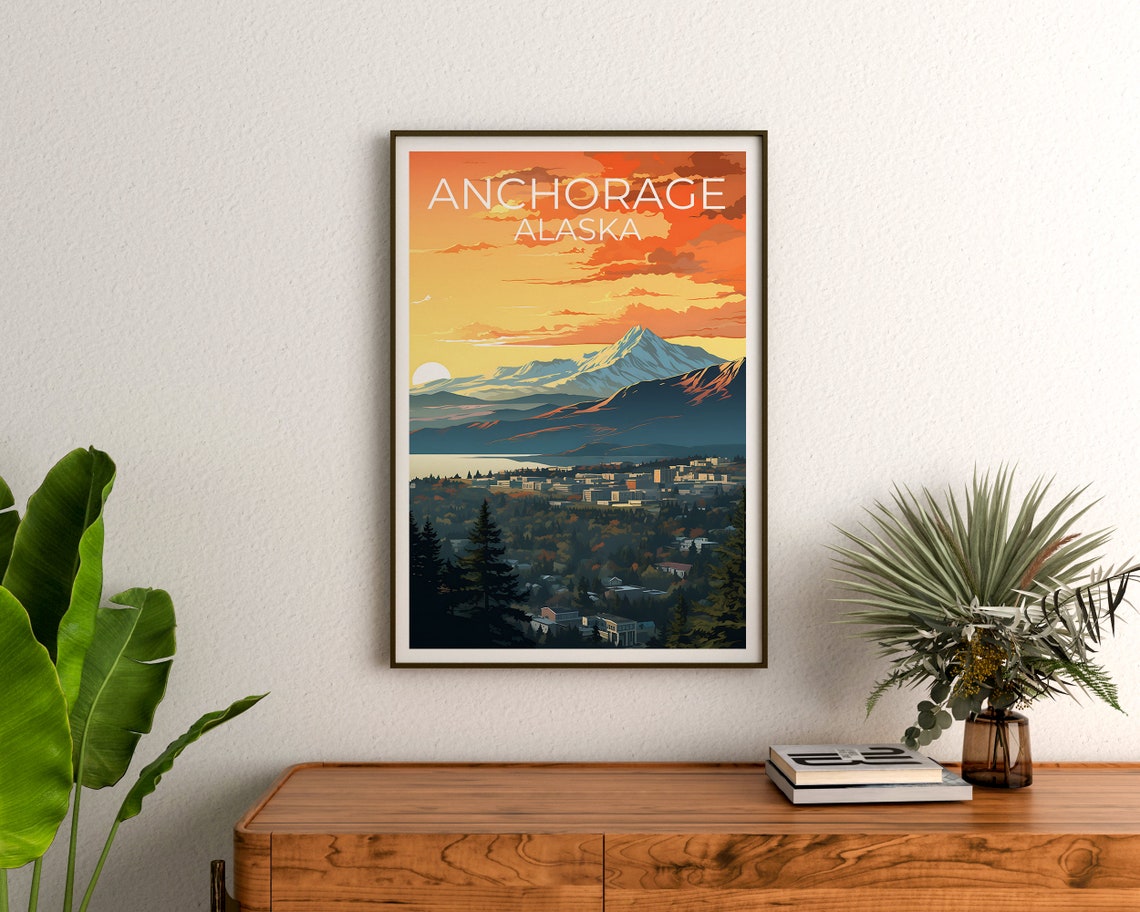 Anchorage Alaska City Sunset Snowy Mountains Valley View Travel Poster - Image 3