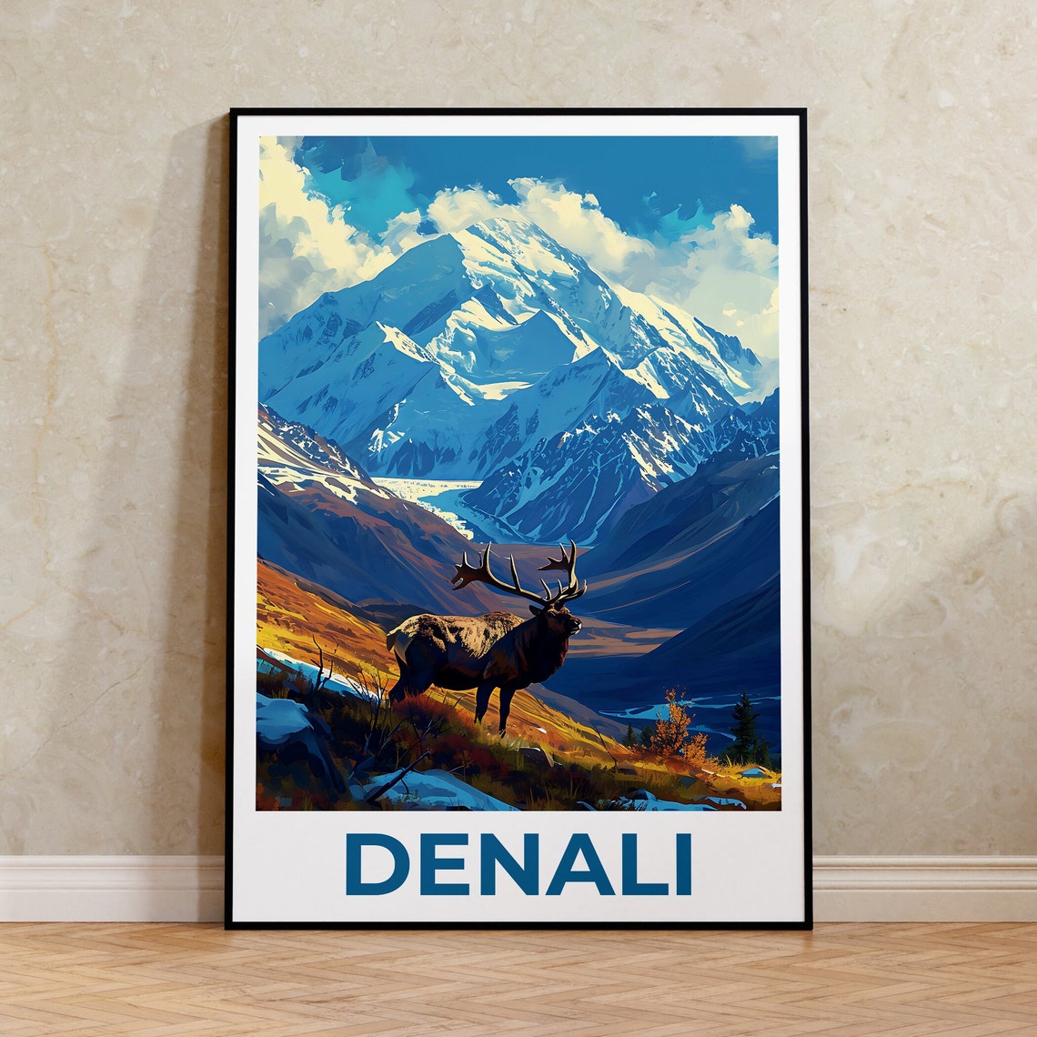 Denali Alaska Snowy Mountain Elk Autumn Meadow Golden Hour Poster