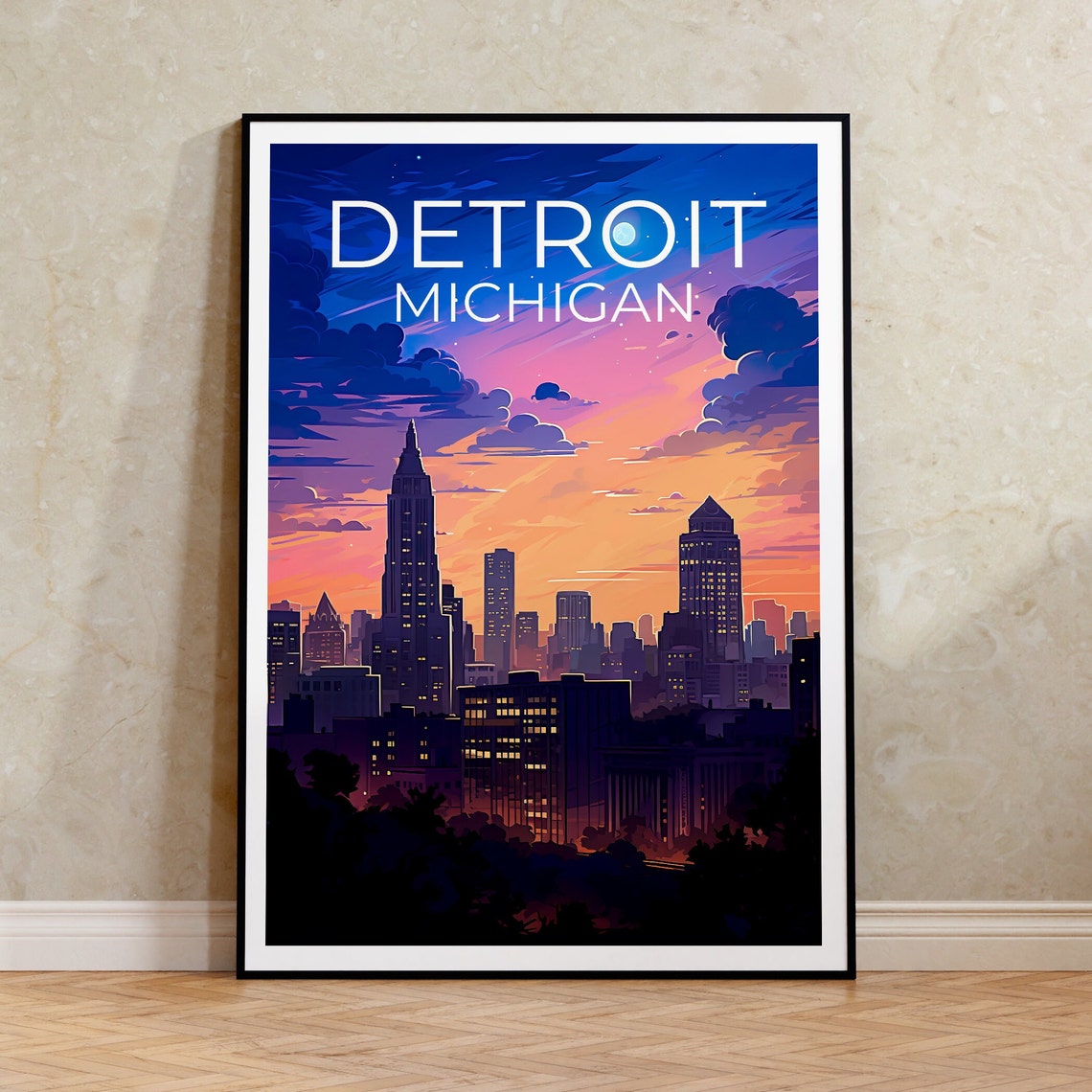 Detroit Michigan Skyline Twilight Glowing City Lights Travel Poster