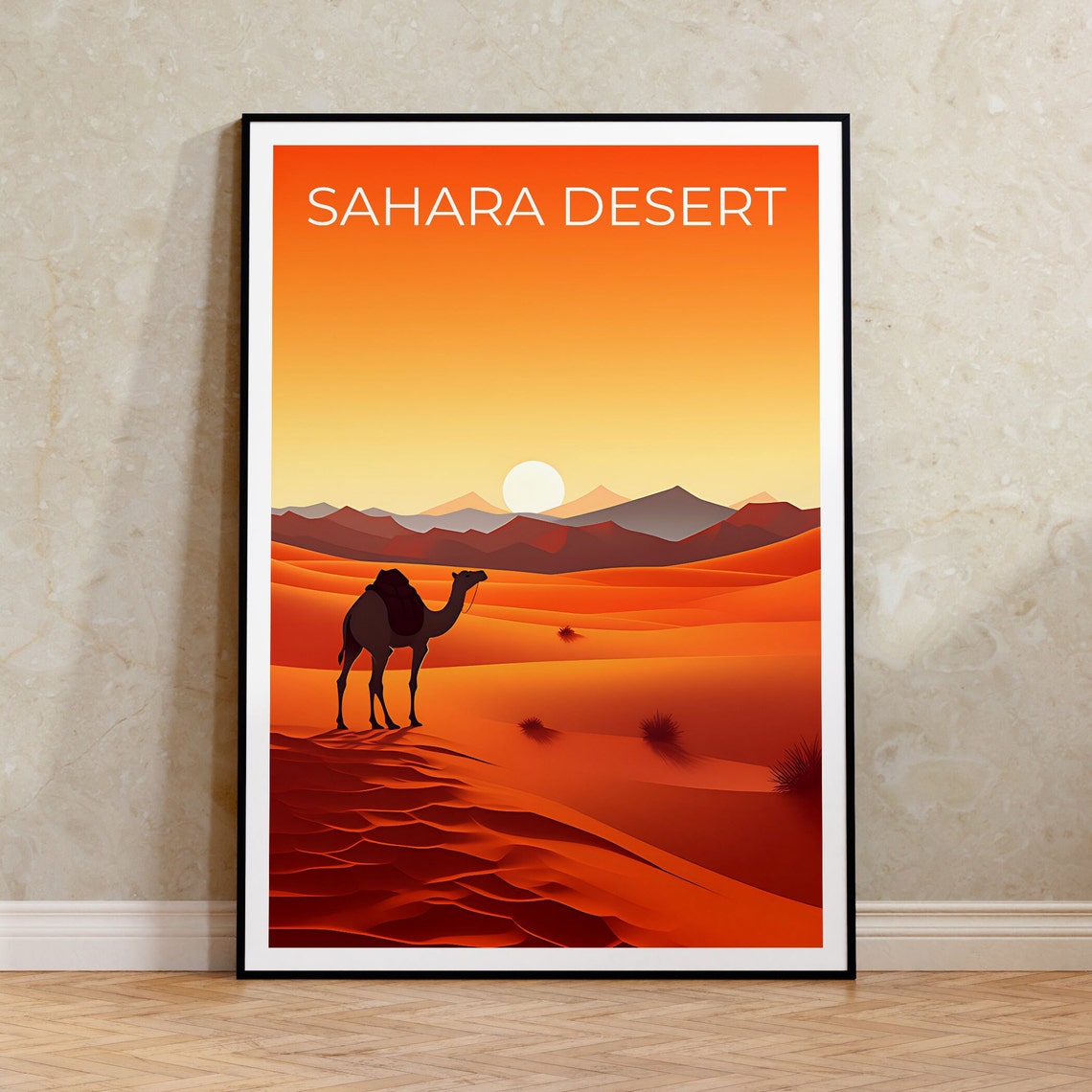 Sahara Desert Camel Silhouette Red Dunes Golden Sunset Travel Poster