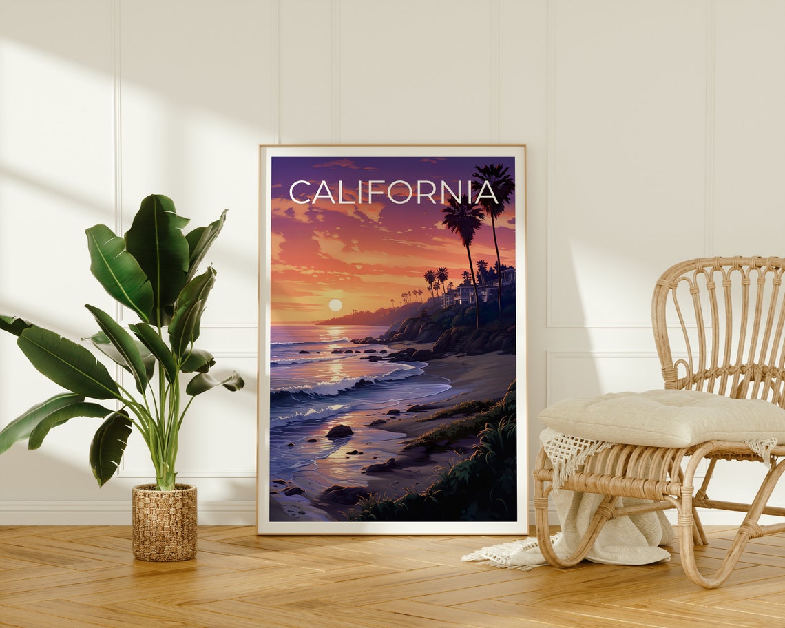 California Beach Sunset Cliffside Homes Palm Trees Ocean Travel Poster - Image 2